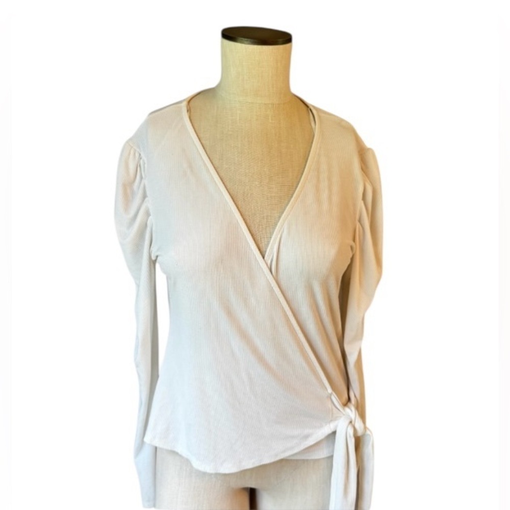 Open Edit White Puff Long Sleeve Ribbed Cross Over Wrapped Knit Top Size M